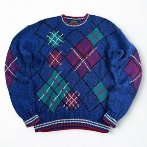 Vintage Colours by Alexander Julian Sweater Mens L Blue Argyle Linen Cotton